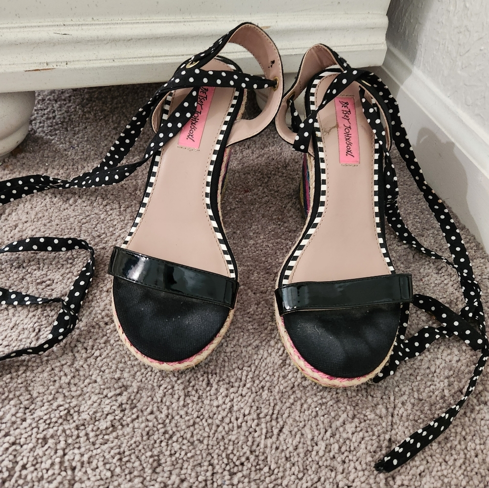 Betsey Johnson Black Espadrille Sandals with Polka Dot Straps